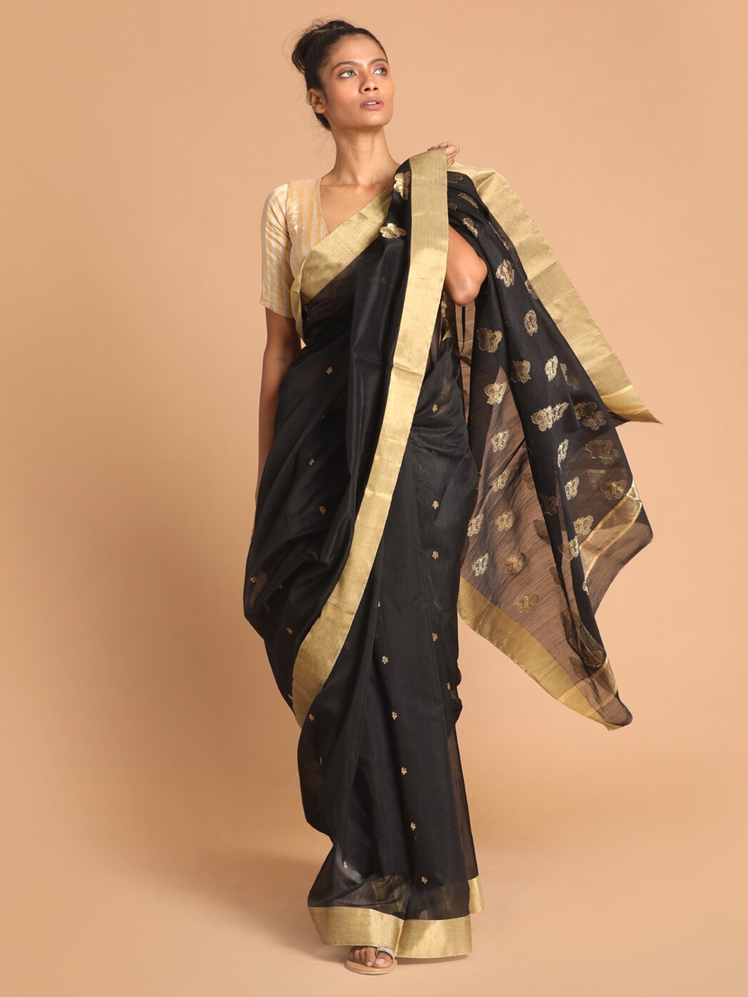 

Indethnic Black & Gold Ethnic Motifs Zari Silk Cotton Chanderi Saree