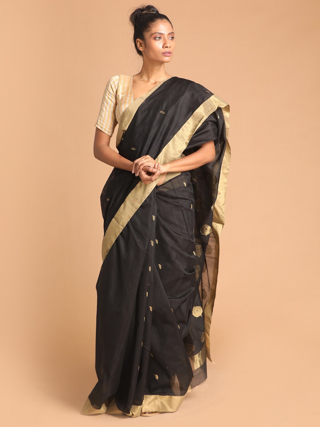

Indethnic Black & Gold-Toned Ethnic Motifs Zari Silk Cotton Chanderi Saree