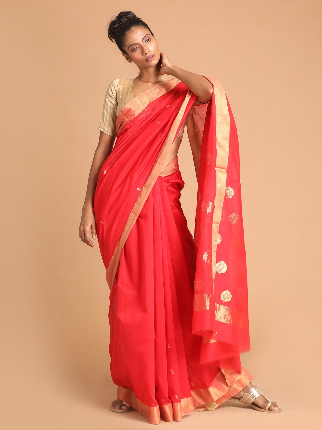 

Indethnic Red Ethnic Motifs Zari Silk Cotton Chanderi Saree