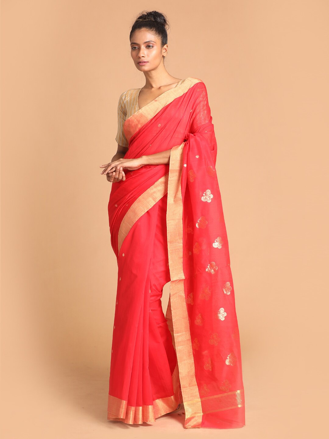 

Indethnic Red & Gold-Toned Ethnic Motifs Silk Cotton Chanderi Saree