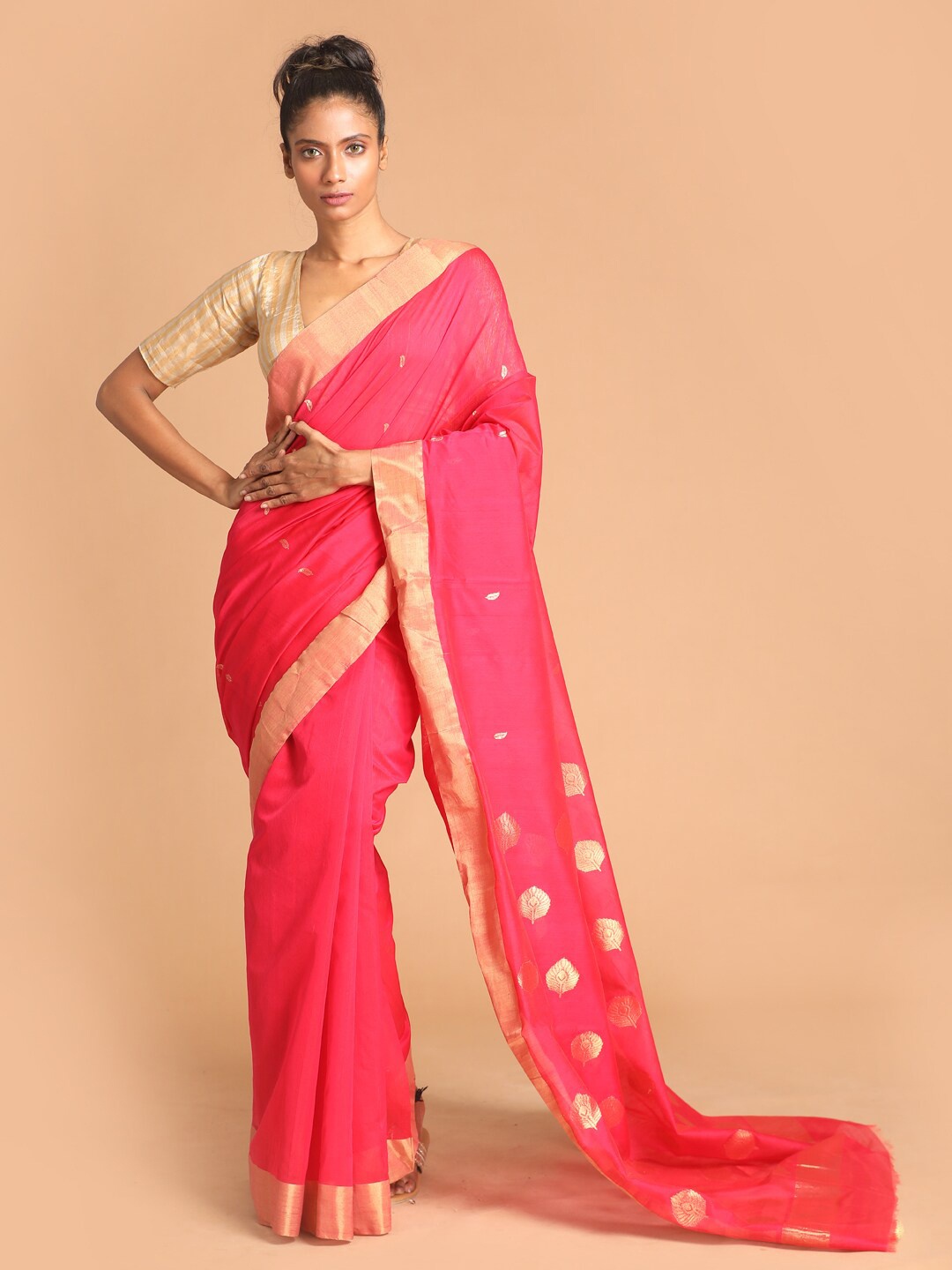 

Indethnic Pink & Gold-Toned Ethnic Motifs Zari Silk Cotton Chanderi Saree