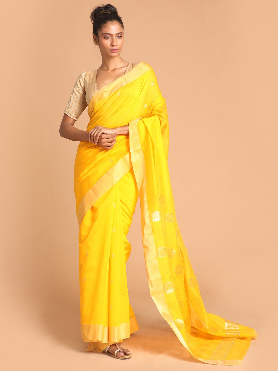 

Indethnic Yellow & Gold-Toned Ethnic Motifs Zari Silk Cotton Chanderi Saree