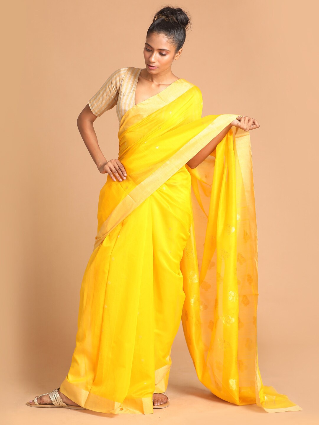 

Indethnic Women Yellow Woven Design Silk Cotton Chanderi Saree