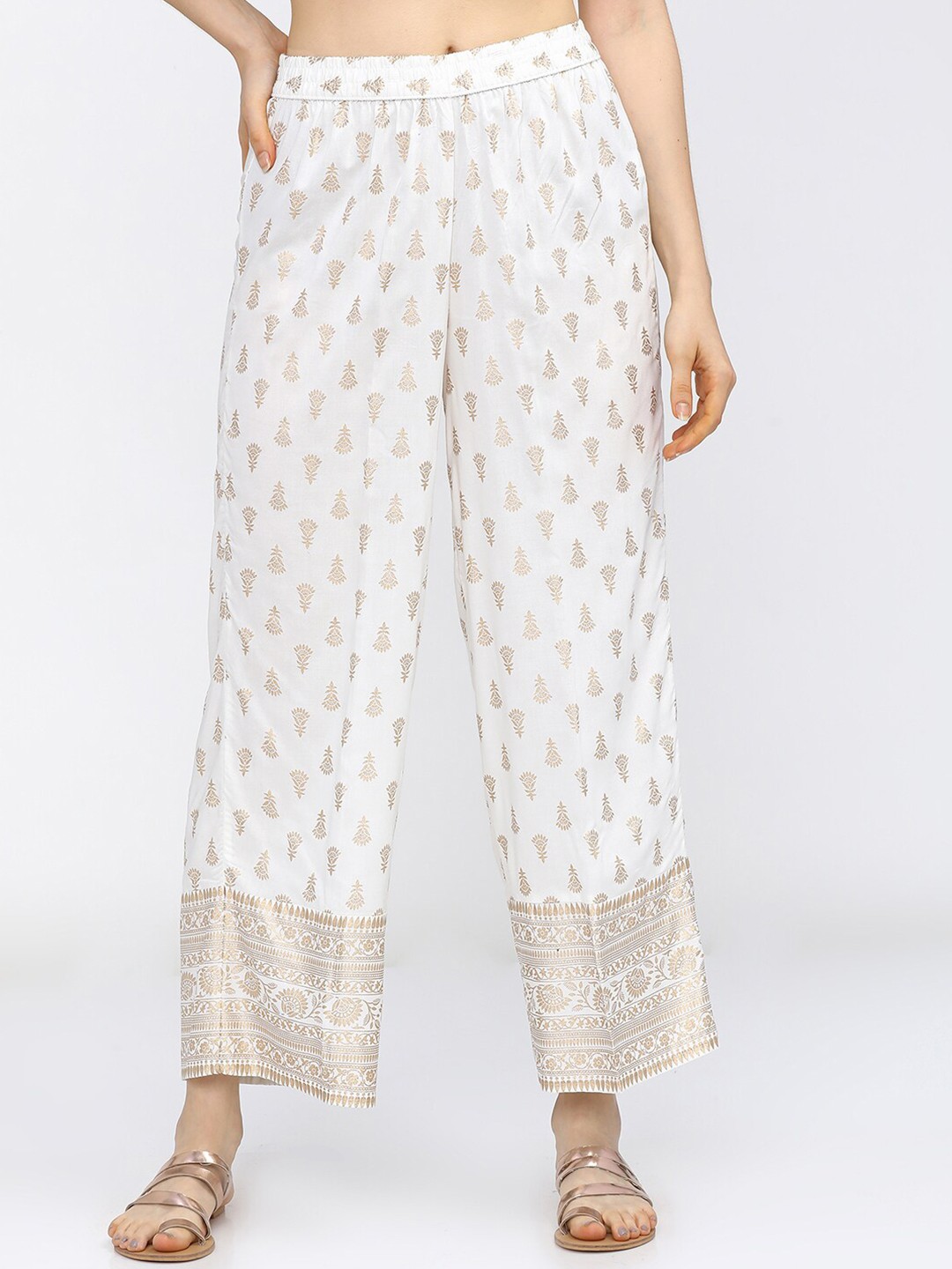 

Vishudh Women Off White & Gold-Toned Ethnic Motifs Printed Ethnic Palazzos