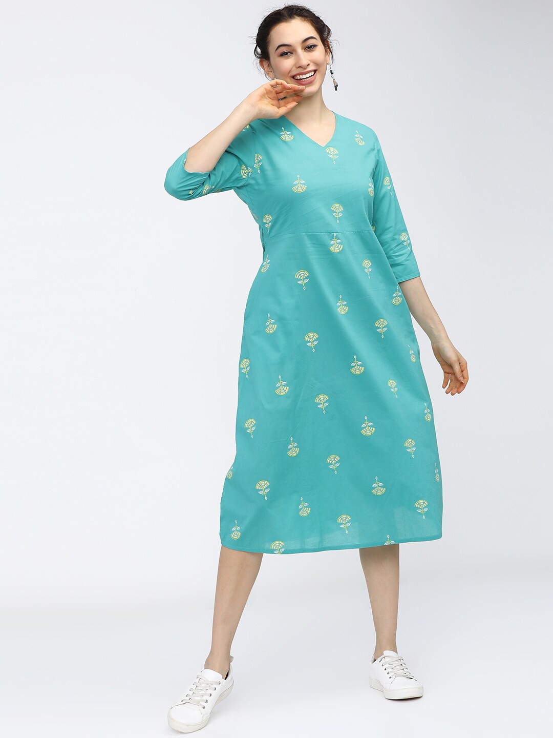 

Vishudh Blue Floral Ethnic A-Line Midi Dress