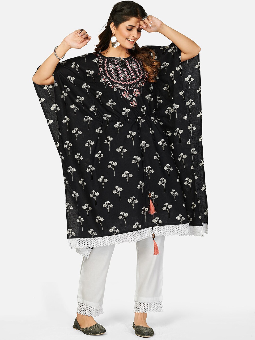 

Vbuyz Women Black Floral Yoke Design Thread Work Pure Cotton Kaftan Kurta with Trousers