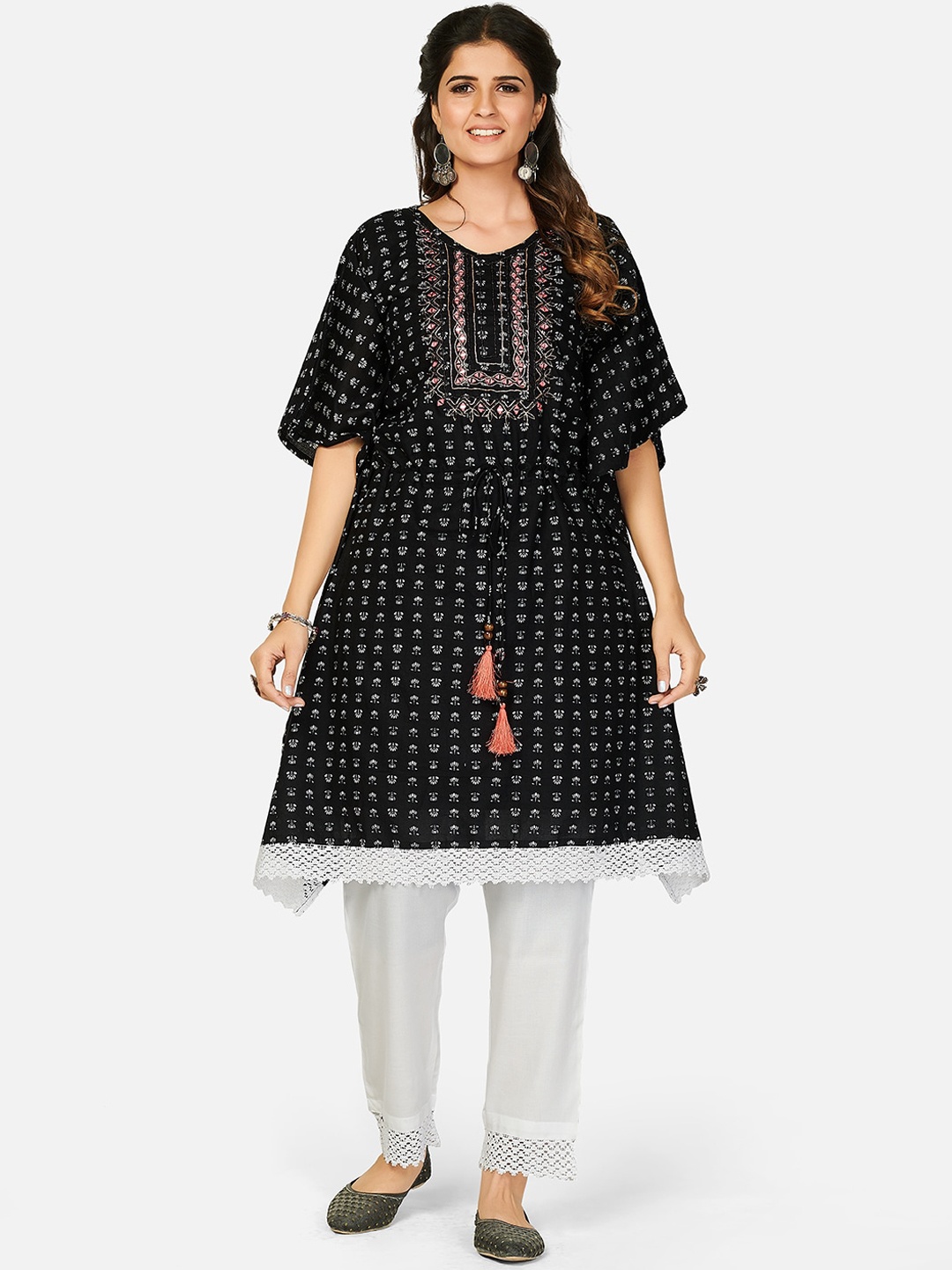 

Vbuyz Women Black Printed Pure Cotton Kaftan Kurta with Palazzos