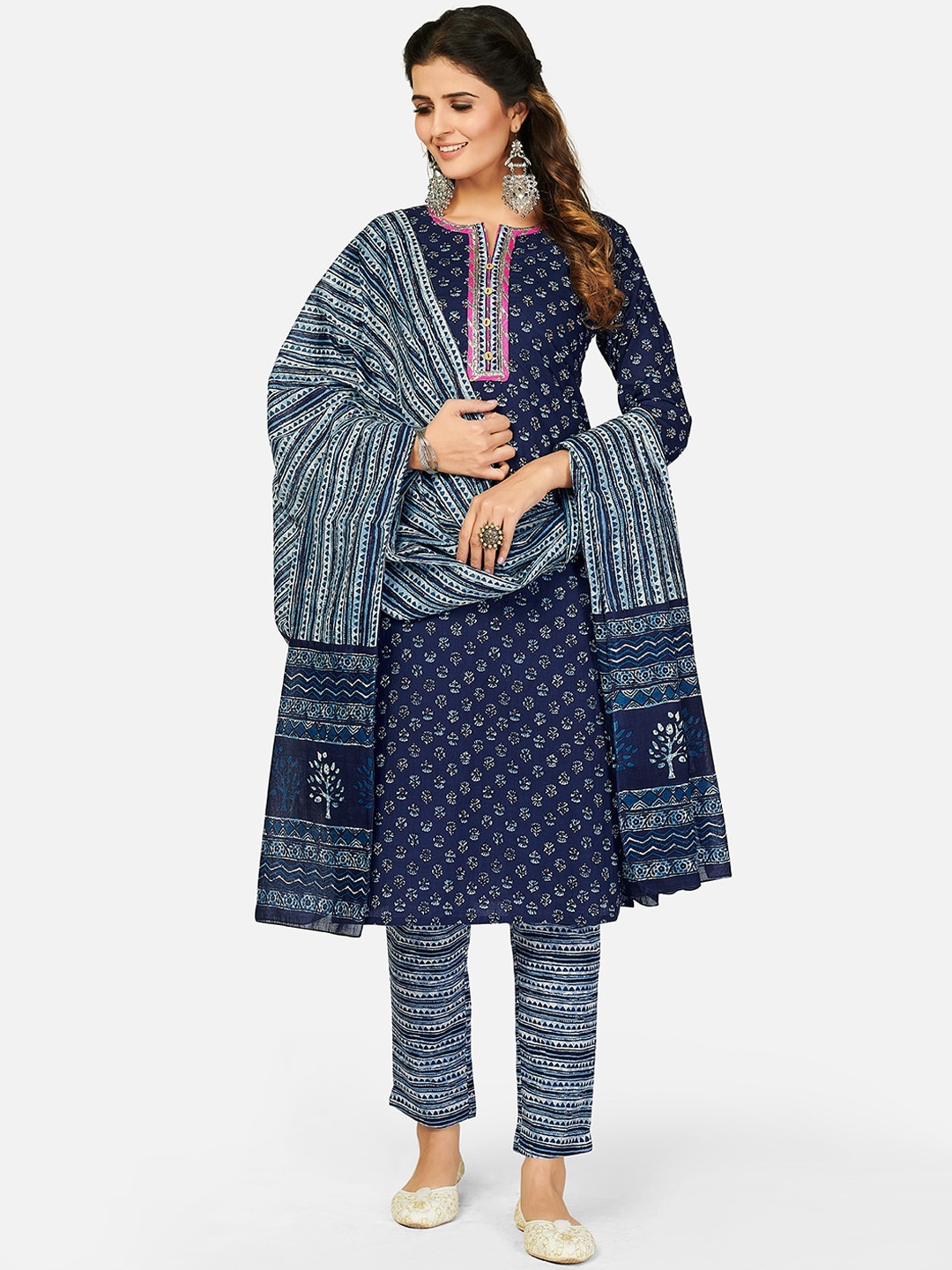 

Vbuyz Women Blue Printed Pure Cotton Kurta with Trousers & Dupatta