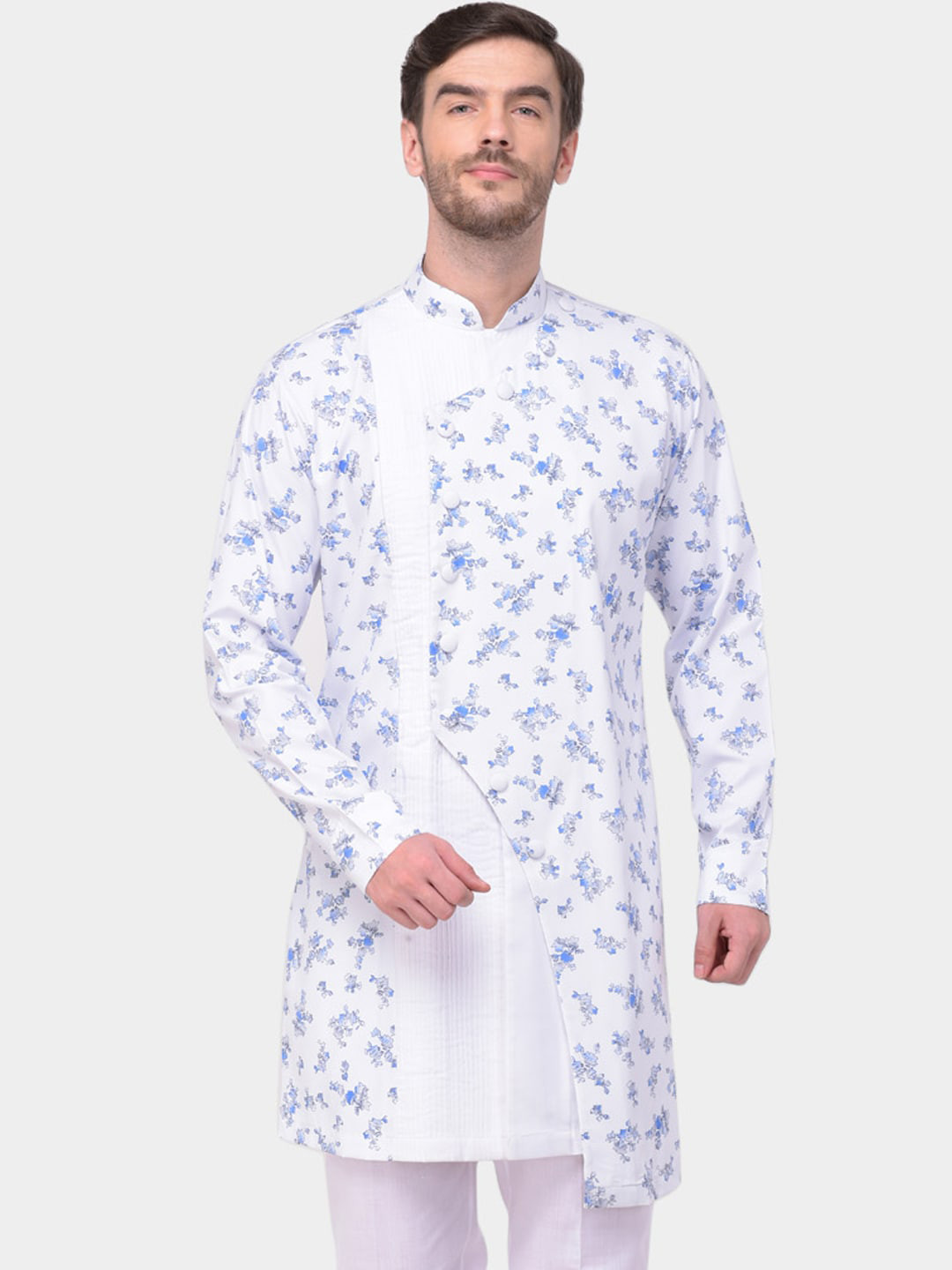 

SG LEMAN Men Blue Floral Printed Raw Silk Kurta