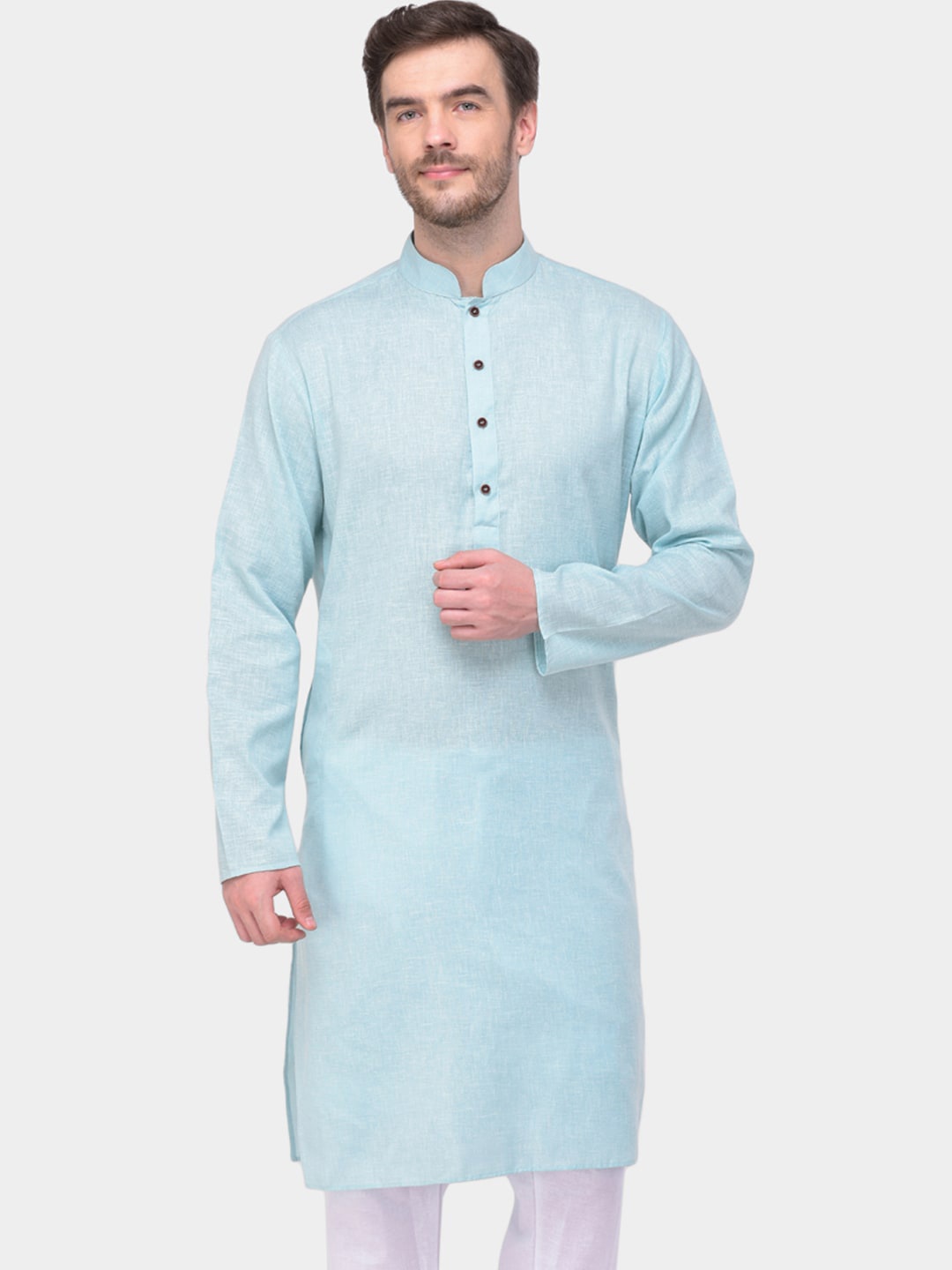 

SG LEMAN Men Turquoise Blue Solid Mandarin-Collar Kurta