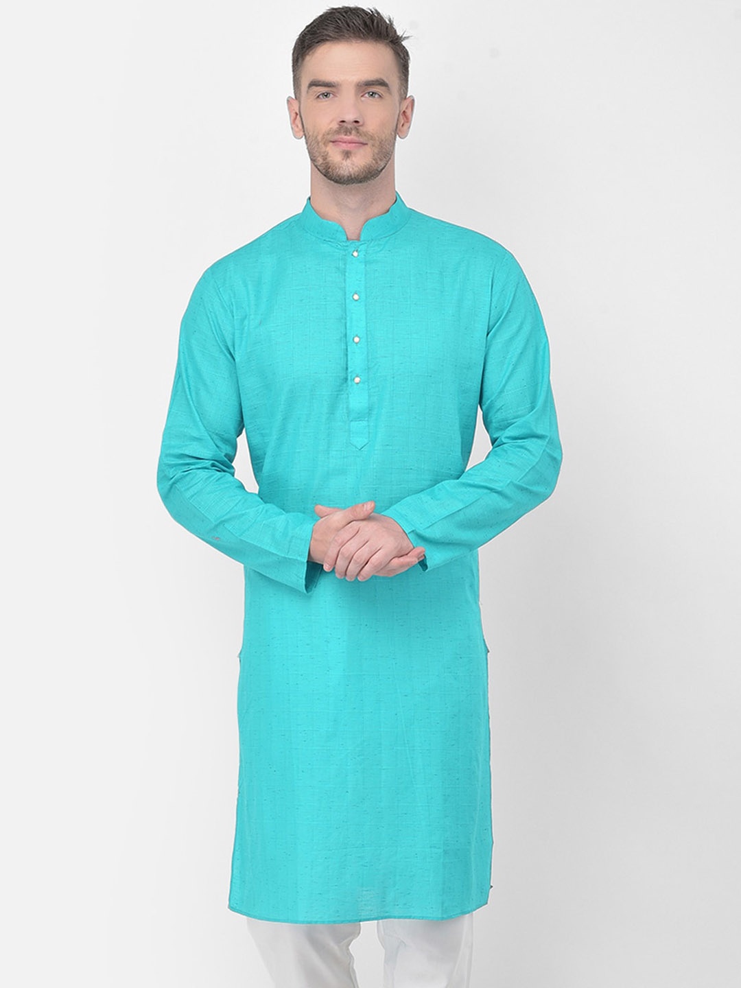 

SG LEMAN Men Teal Thread Work Handloom Kurta