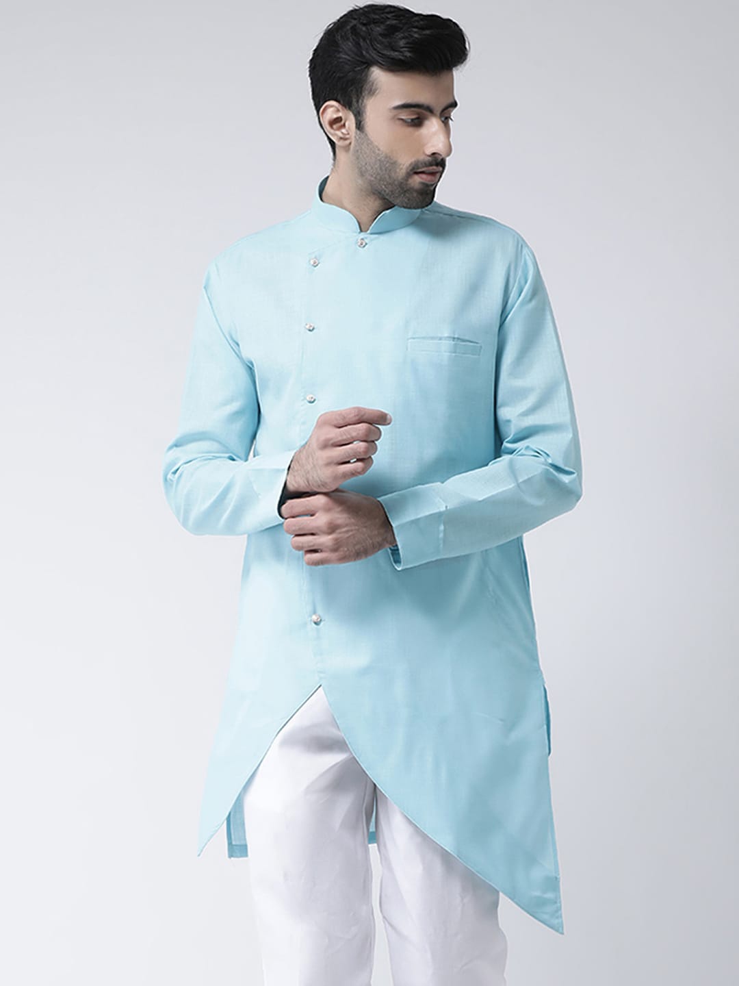 

SG LEMAN Men Turquoise Blue Solid Mandarin-Collar Angrakha Kurta