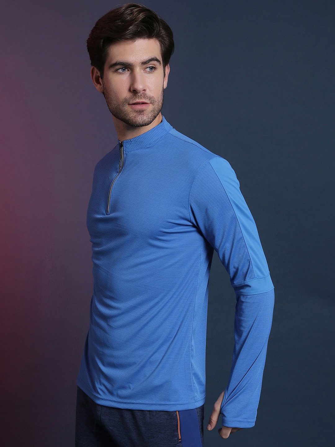 

Campus Sutra Men Blue High Neck Dri-FIT Raw Edge Running T-shirt