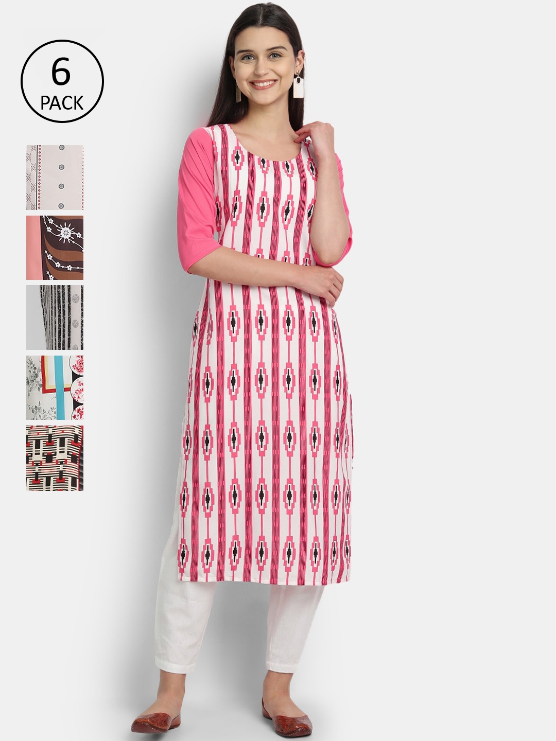 

1 Stop Fashion Women Pack Of 6 Printed Crepe Kurtas, Multi
