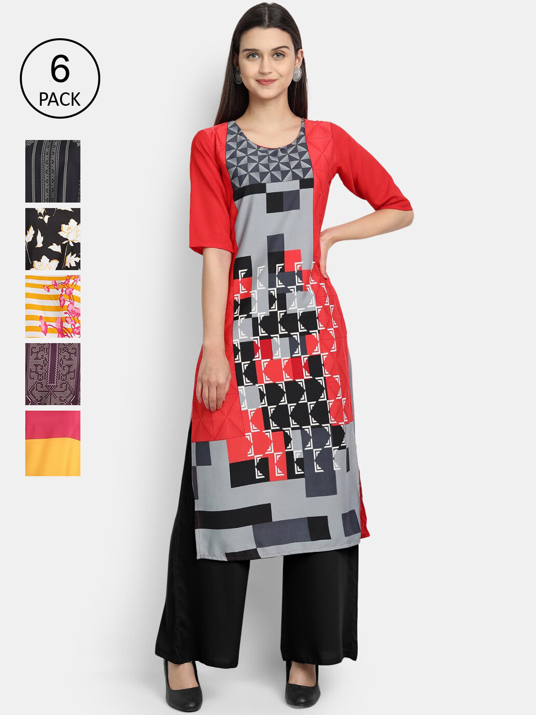 

1 Stop Fashion Women Pack Of 6 Kurtas, Black