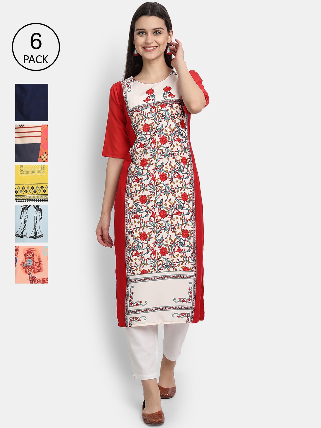 

1 Stop Fashion Women Pack Of 6 Printed Crepe Kurtas, Multi