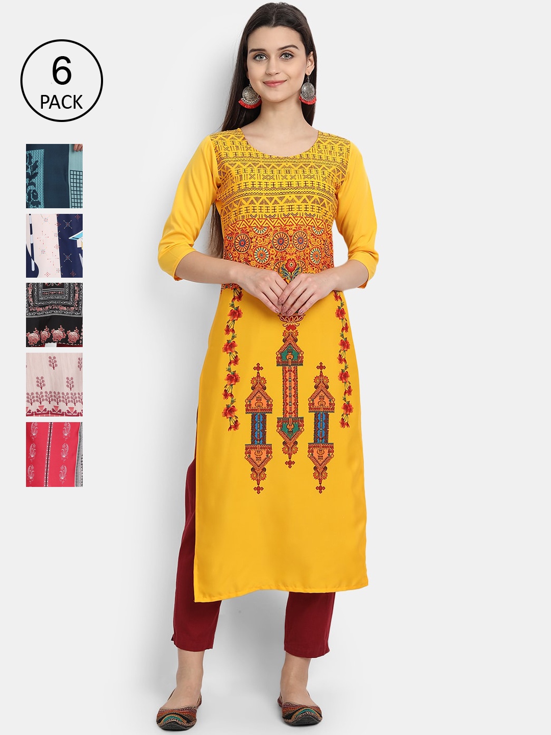 

1 Stop Fashion Women Pack Of 6 Digital Printed Straight Kurtas, Multi