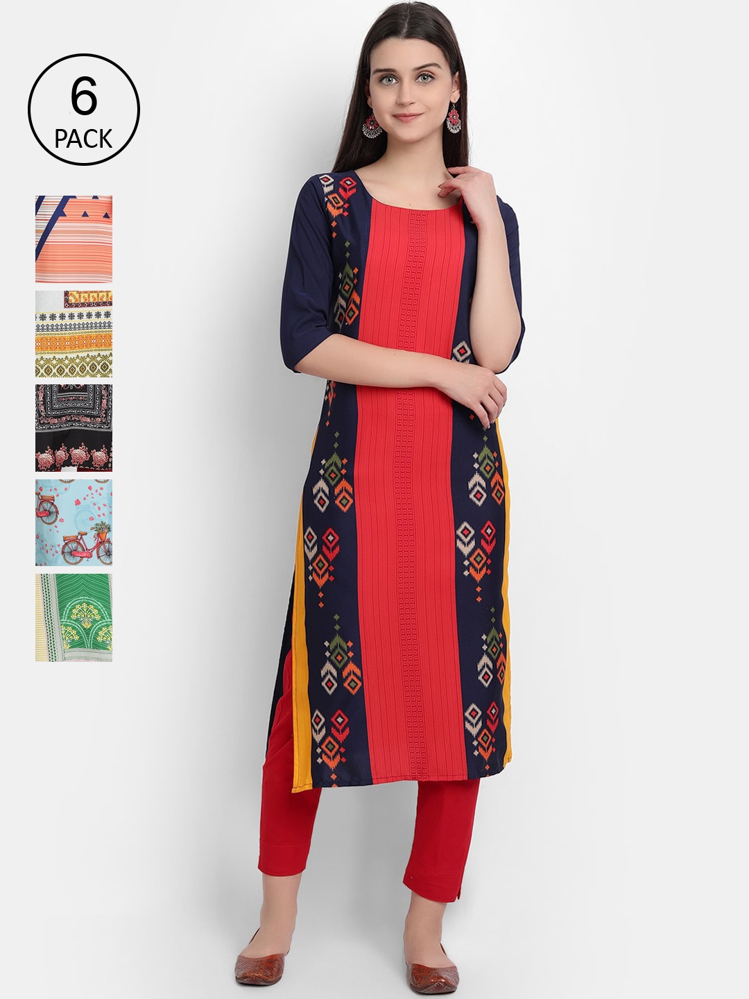 

1 Stop Fashion Women Pack Of 6 Digital Printed Straight Kurtas, Multi