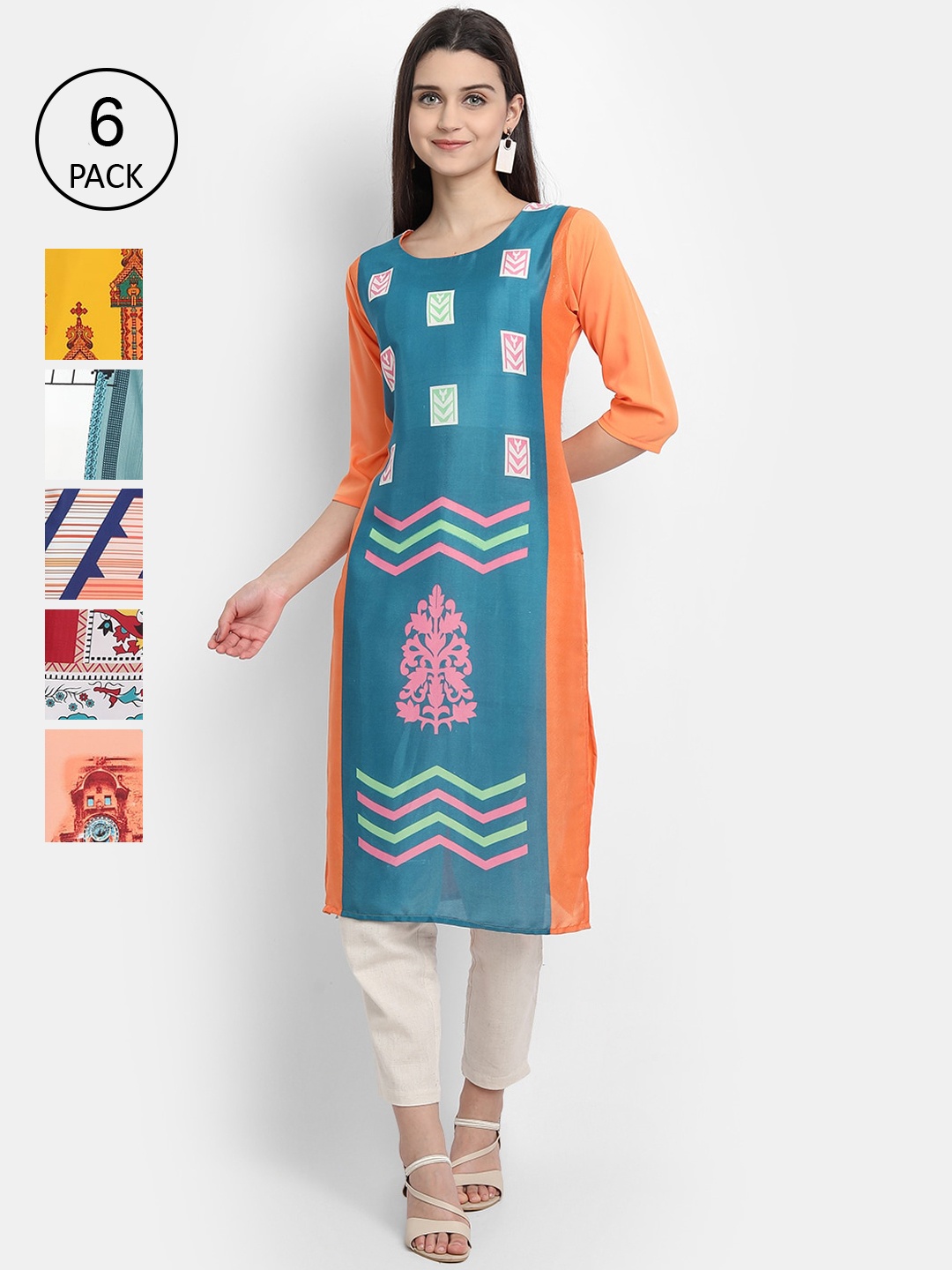 

1 Stop Fashion Women Pack Of 6 Ethnic Motifs Printed Crepe Kurta, Multi