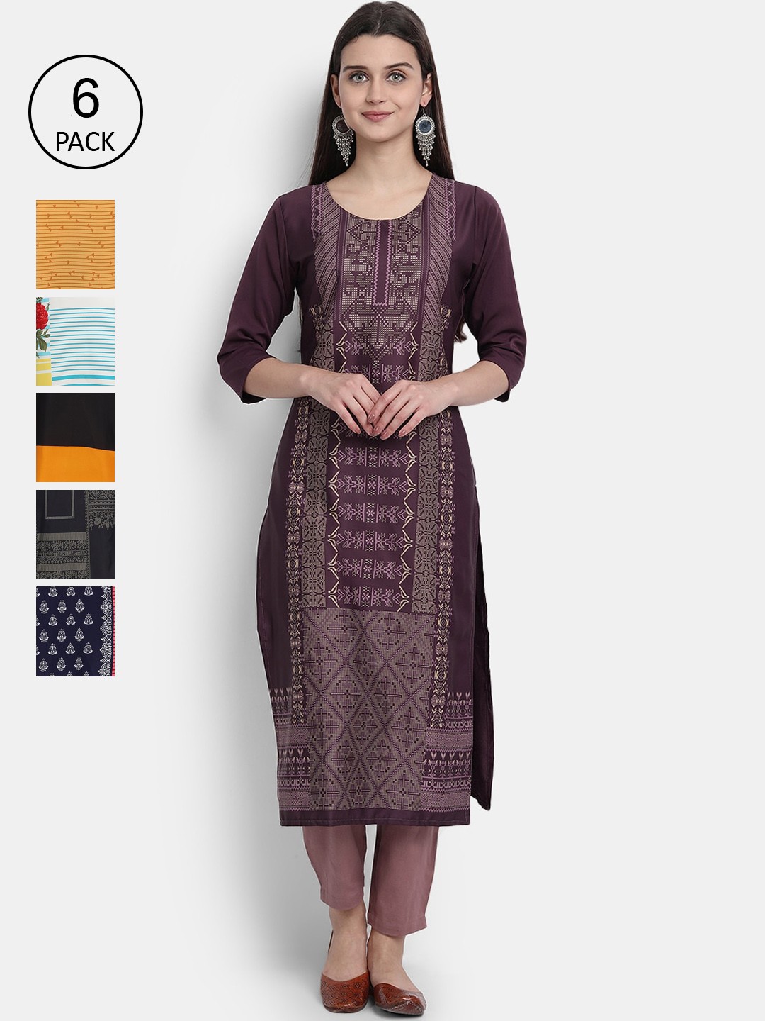 

1 Stop Fashion Women Pack Of 6 Digital Printed Straight Kurta, Brown