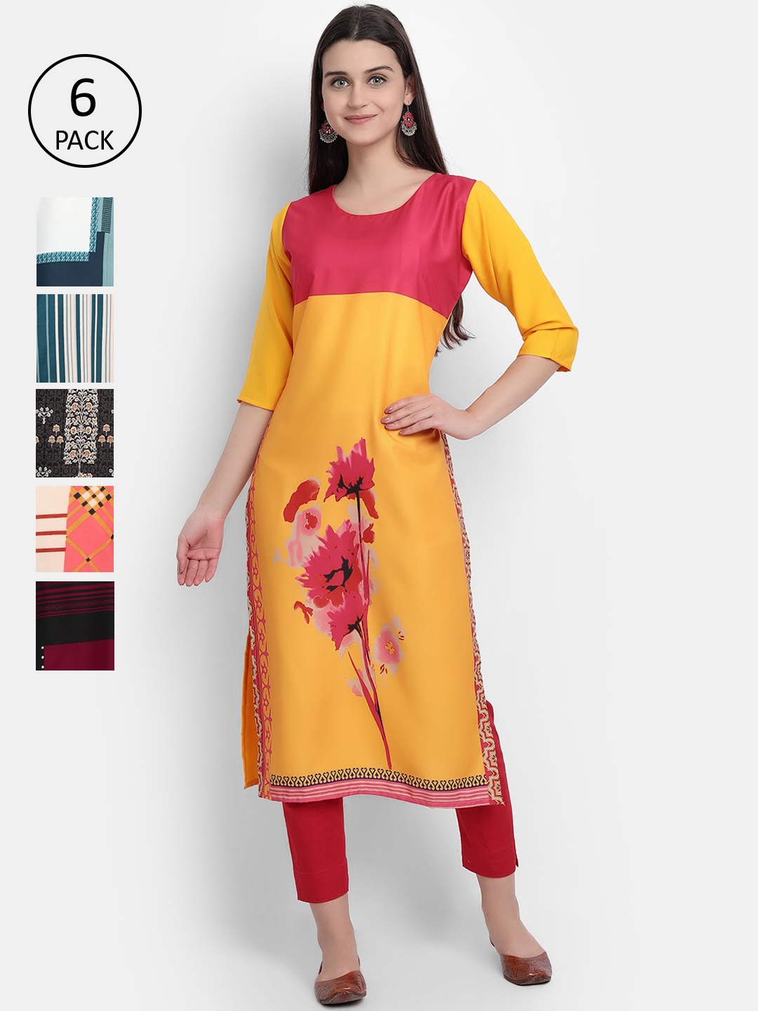 

1 Stop Fashion Women Pack Of 6 Digital Printed Straight Kurtas, Multi