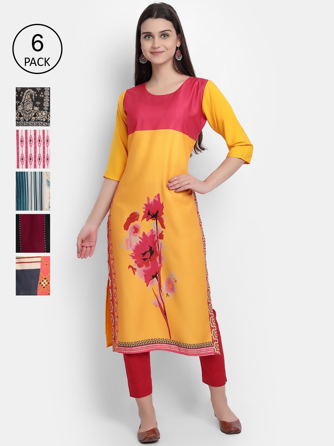 

1 Stop Fashion Women Pack Of 6 Floral Embroidered Crepe Kurta, Multi
