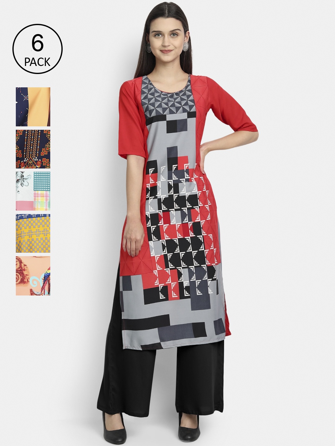 

1 Stop Fashion Women Pack Of 6 Printed Crepe Kurta, Multi