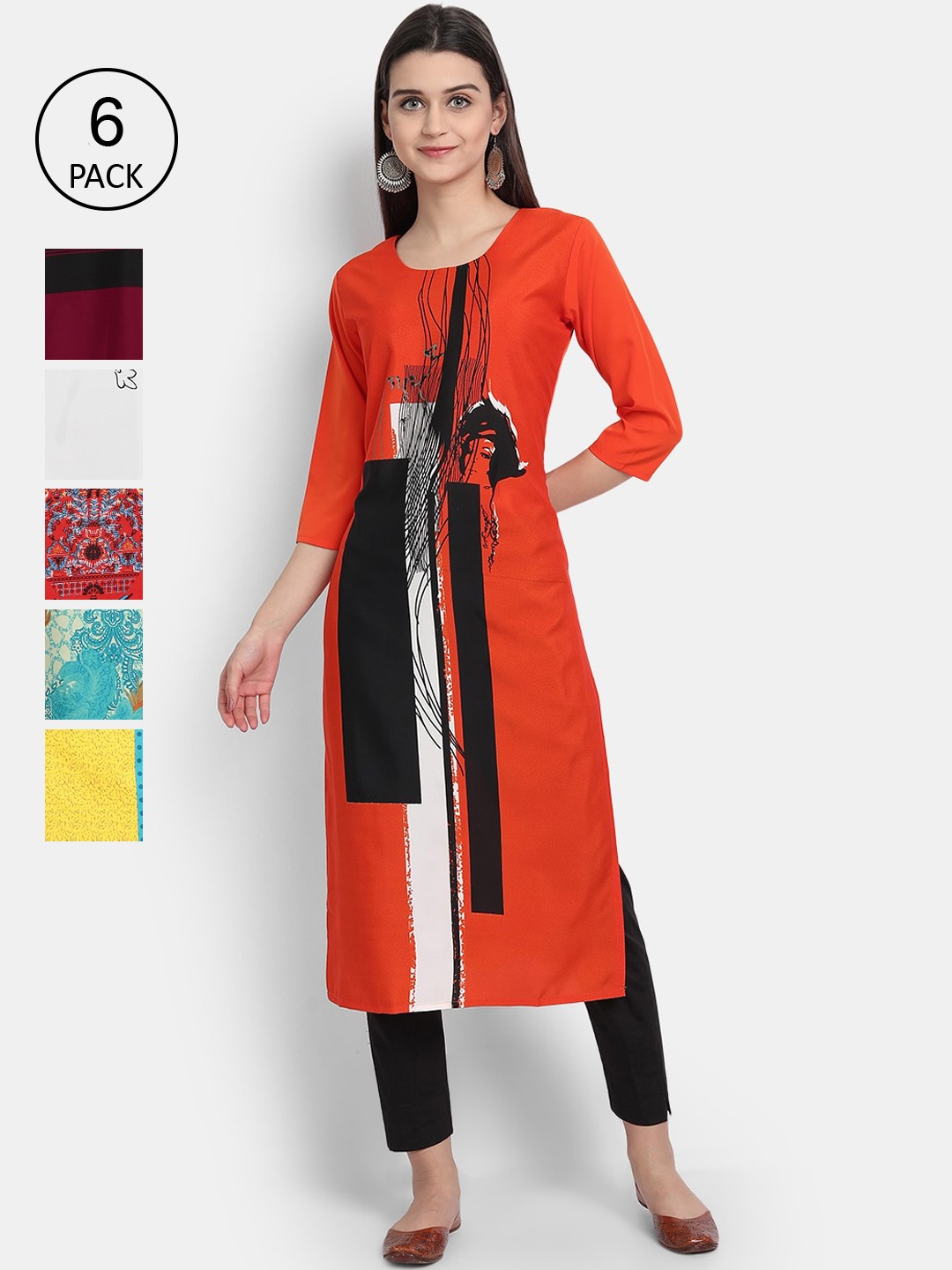 

1 Stop Fashion Women Pack Of 6 Digital Printed Crepe Straight Kurta, Multi