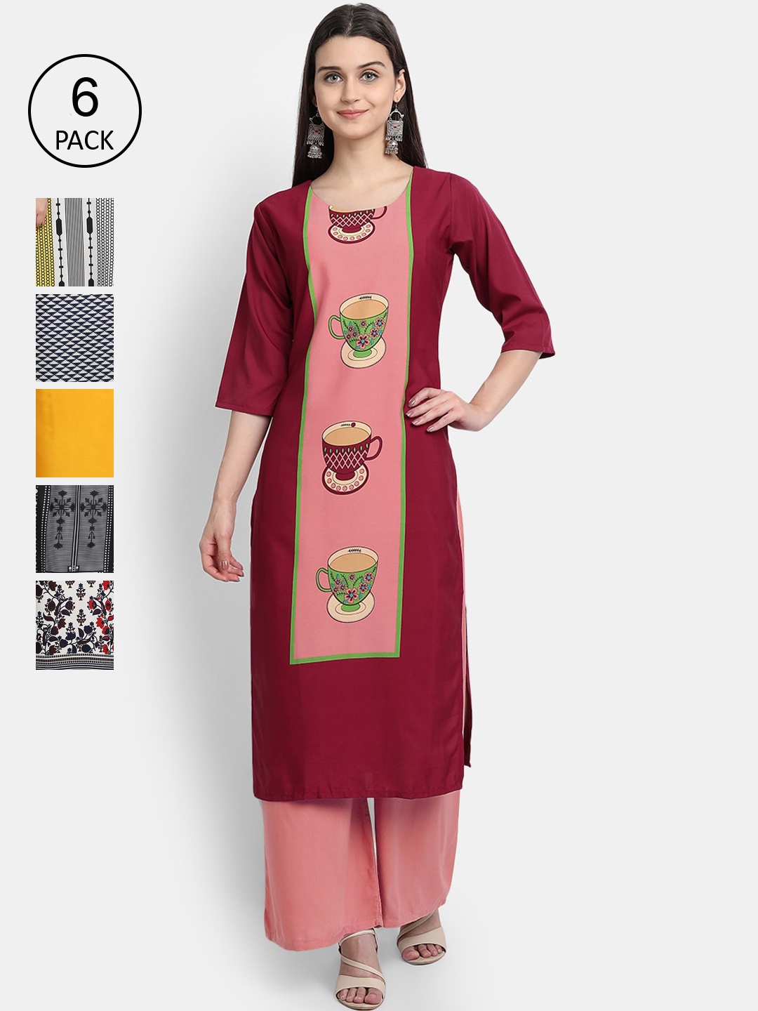 

1 Stop Fashion Women Pack Of 6 Digital Printed Straight Kurta, Maroon