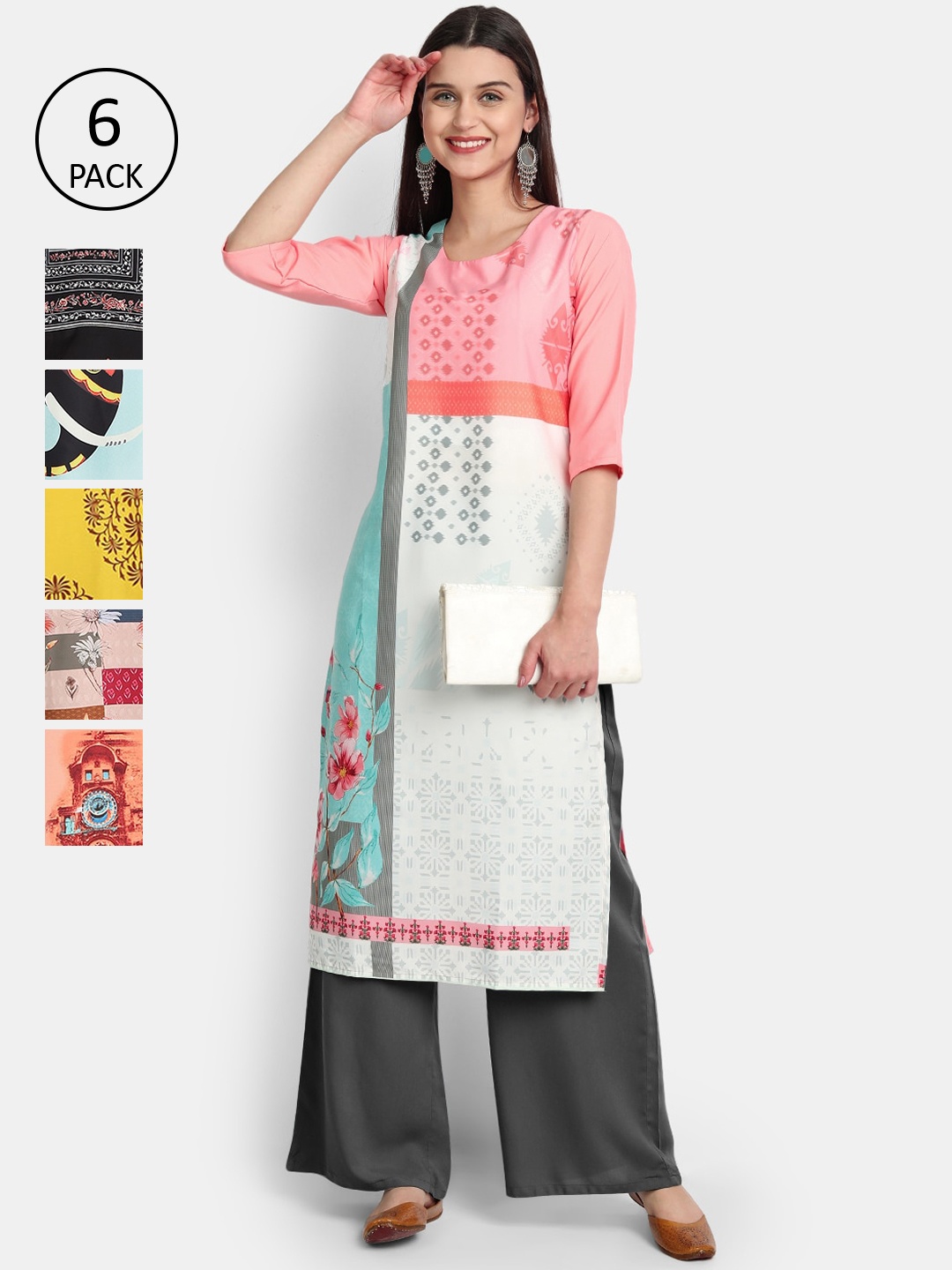 

1 Stop Fashion Women Pack Of 6 Digital Printed Straight Kurta, Yellow