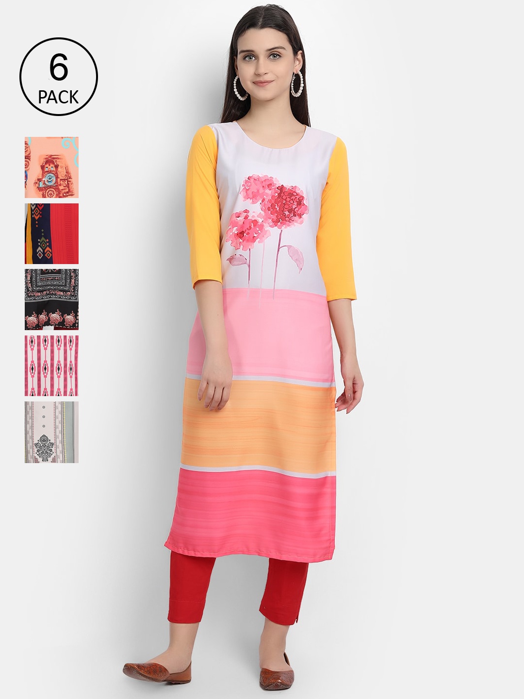 

1 Stop Fashion Women Pack Of 6 Digital Printed Straight Kurta, Yellow