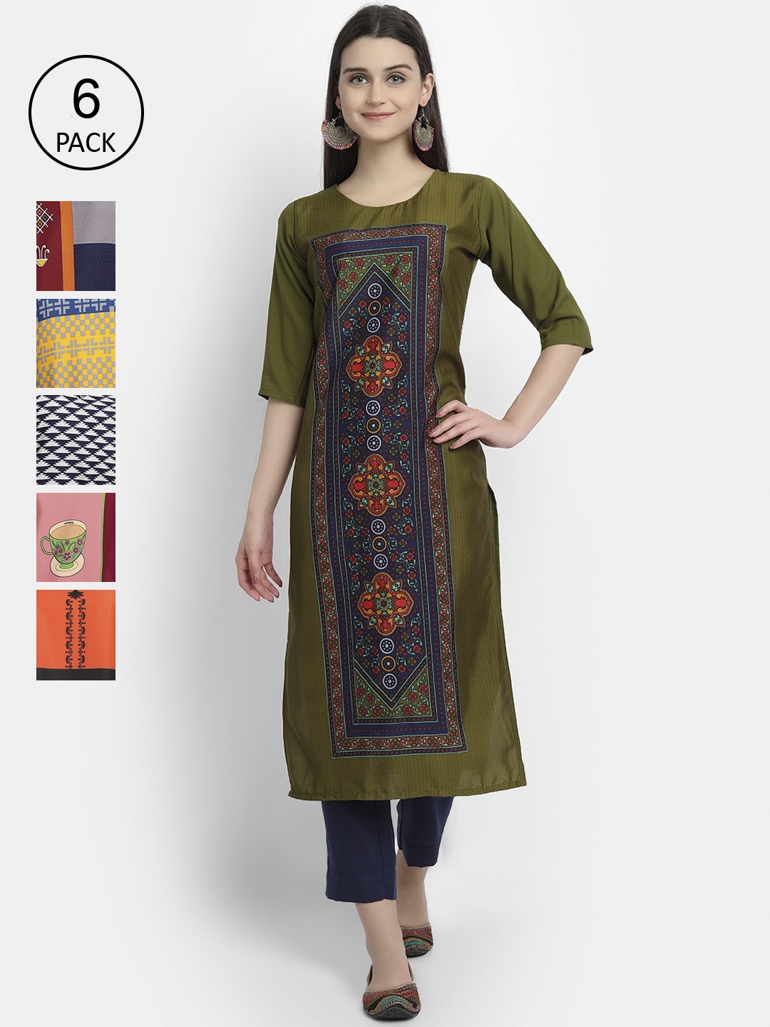 

1 Stop Fashion Women Pack Of 6 Digital Printed Straight Kurtas, Multi