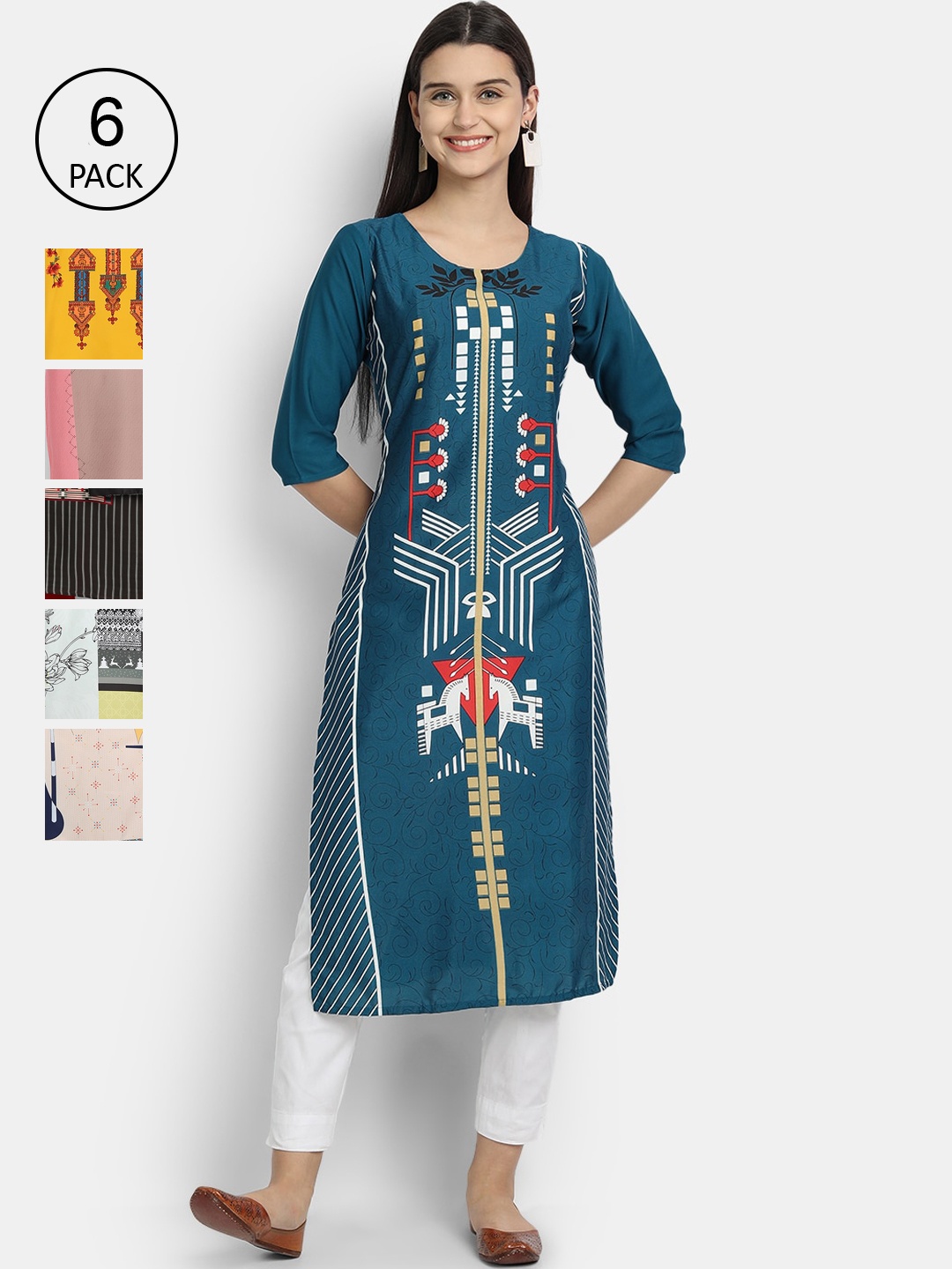 

1 Stop Fashion Women Pack Of 6 Digital Printed Straight Kurtas, Teal