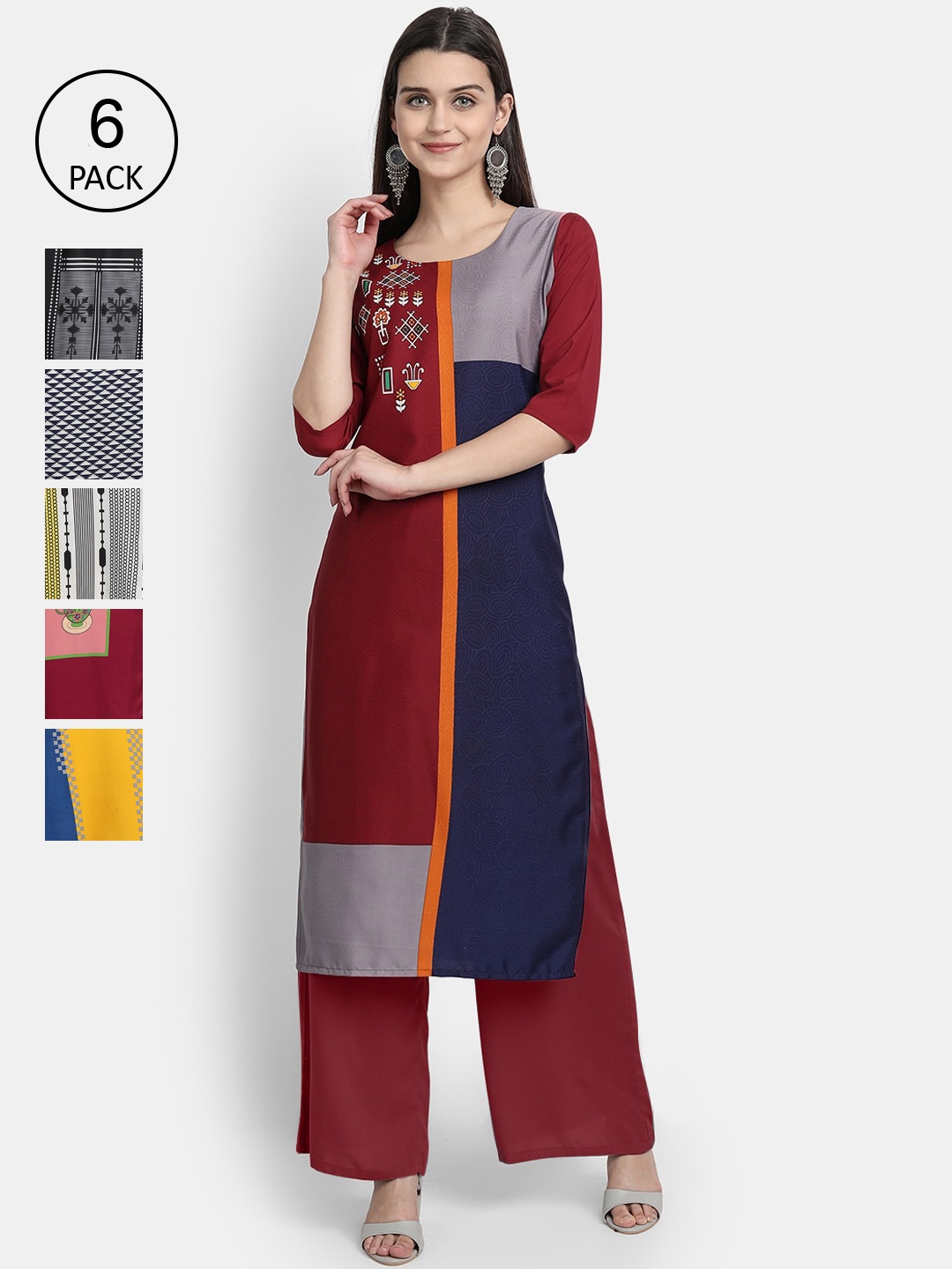 

1 Stop Fashion Women Pack Of 6 Digital Printed Straight Kurtas, Maroon