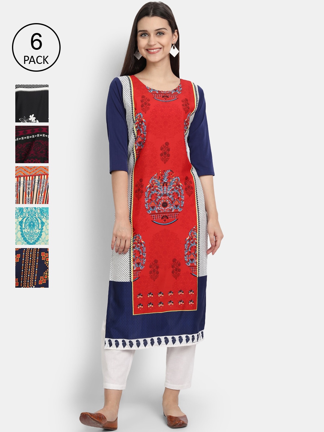 

1 Stop Fashion Women Pack Of 6 Digital Printed Straight Kurta, Red