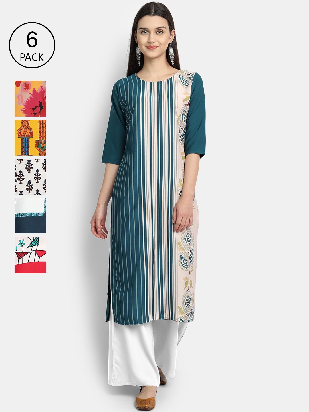 

1 Stop Fashion Women Pack Of 6 Digital Printed Straight Kurtas, Teal