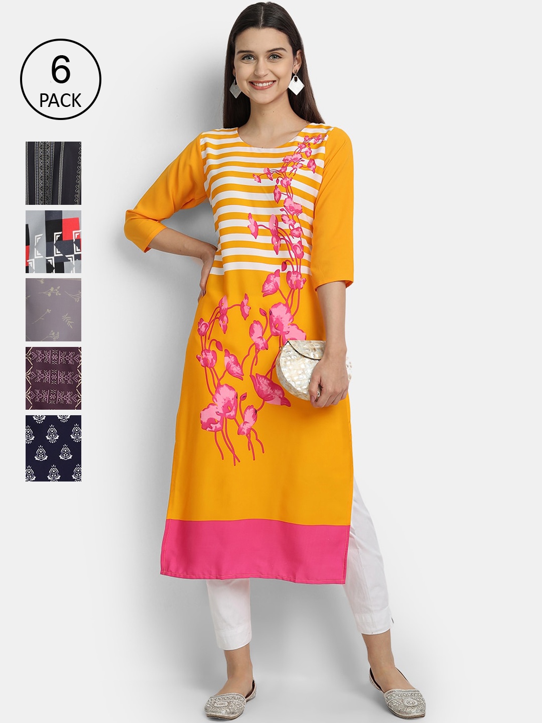 

1 Stop Fashion Women Pack Of 6 Digital Printed Straight Kurtas, Orange