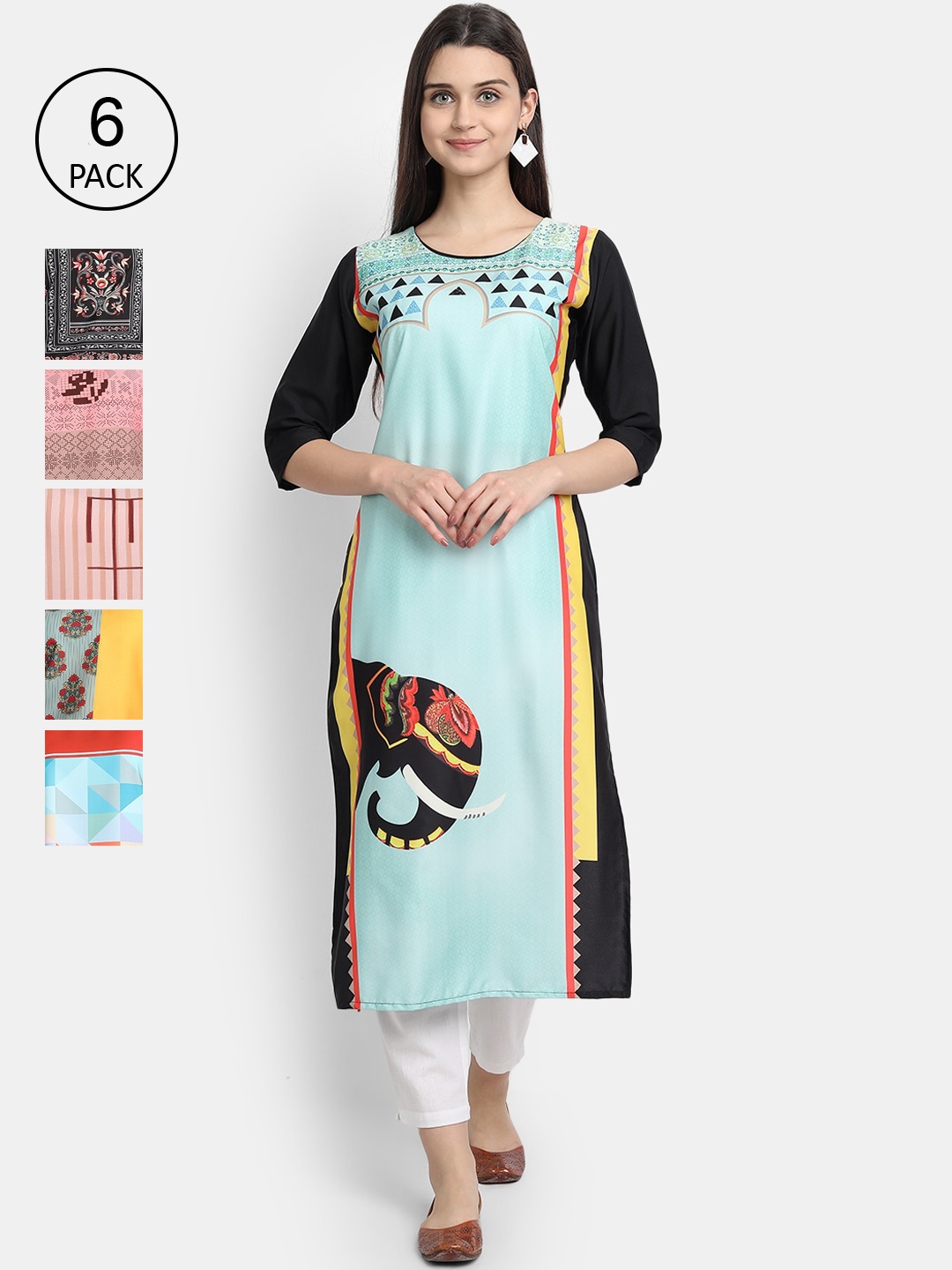 

1 Stop Fashion Women Pack Of 6 Digital Printed Straight Kurtas, Blue