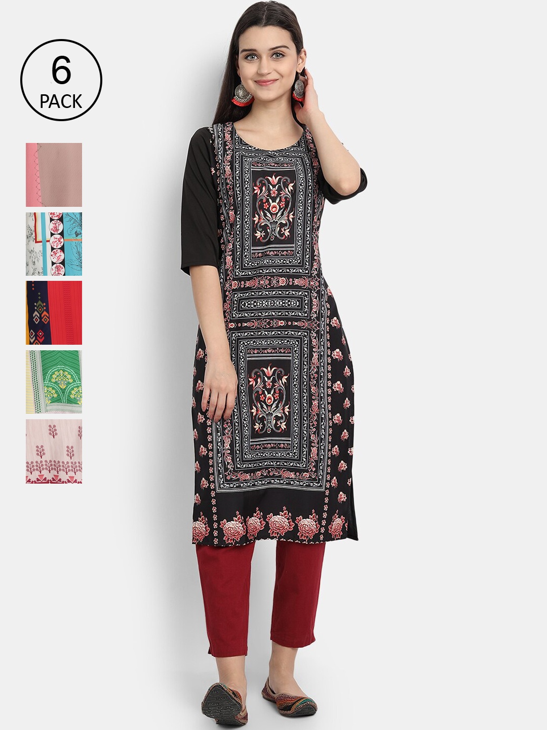 

1 Stop Fashion Women Pack Of 6 Digital Printed Straight Kurta, Black