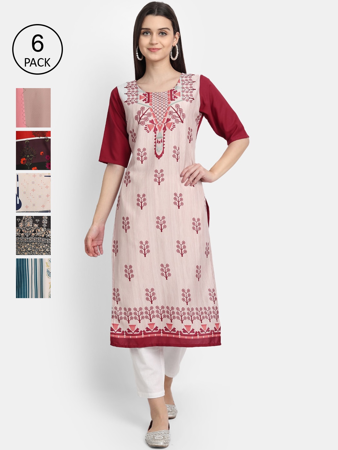 

1 Stop Fashion Women Pack Of 6 Digital Printed Straight Kurta, Red