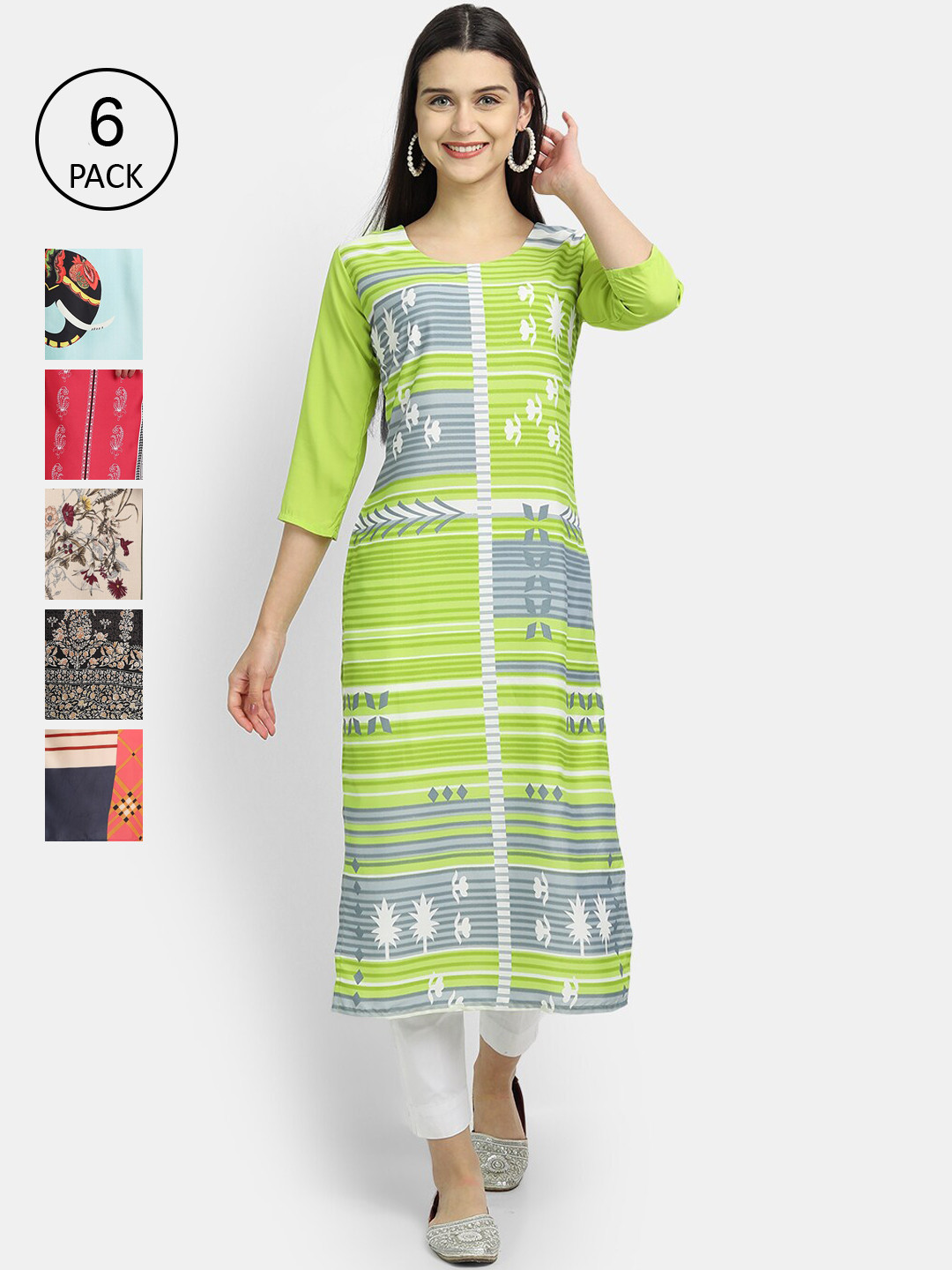 

1 Stop Fashion Women Pack Of 6 Digital Printed Straight Kurtas, Green