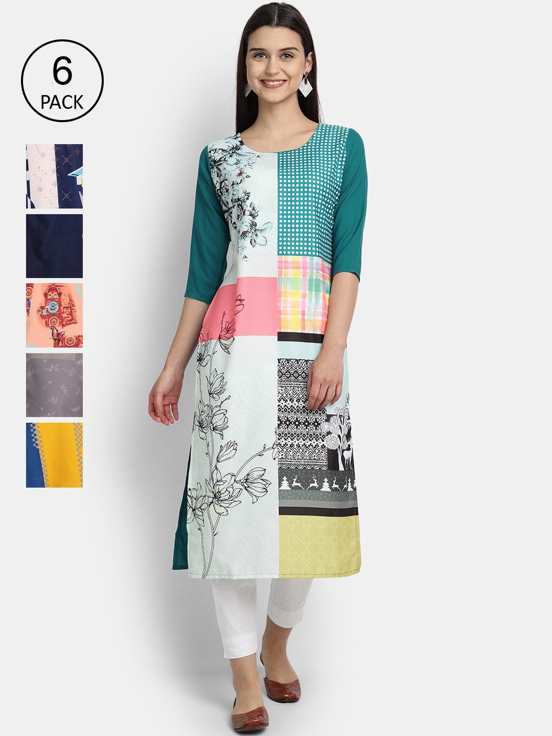 

1 Stop Fashion Women Multicoloured & wan blue Colourblocked Thread Work Crepe Kurta, Multi