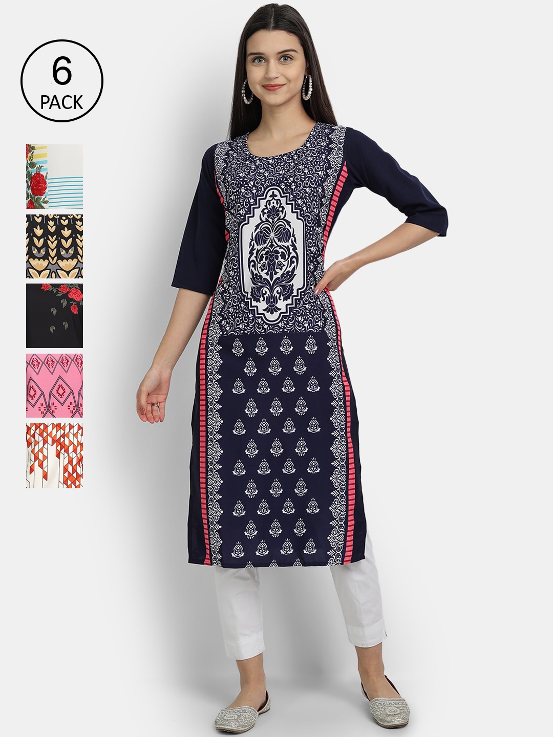 

1 Stop Fashion Women Pack Of 6 Digital Printed Straight Kurta, Blue