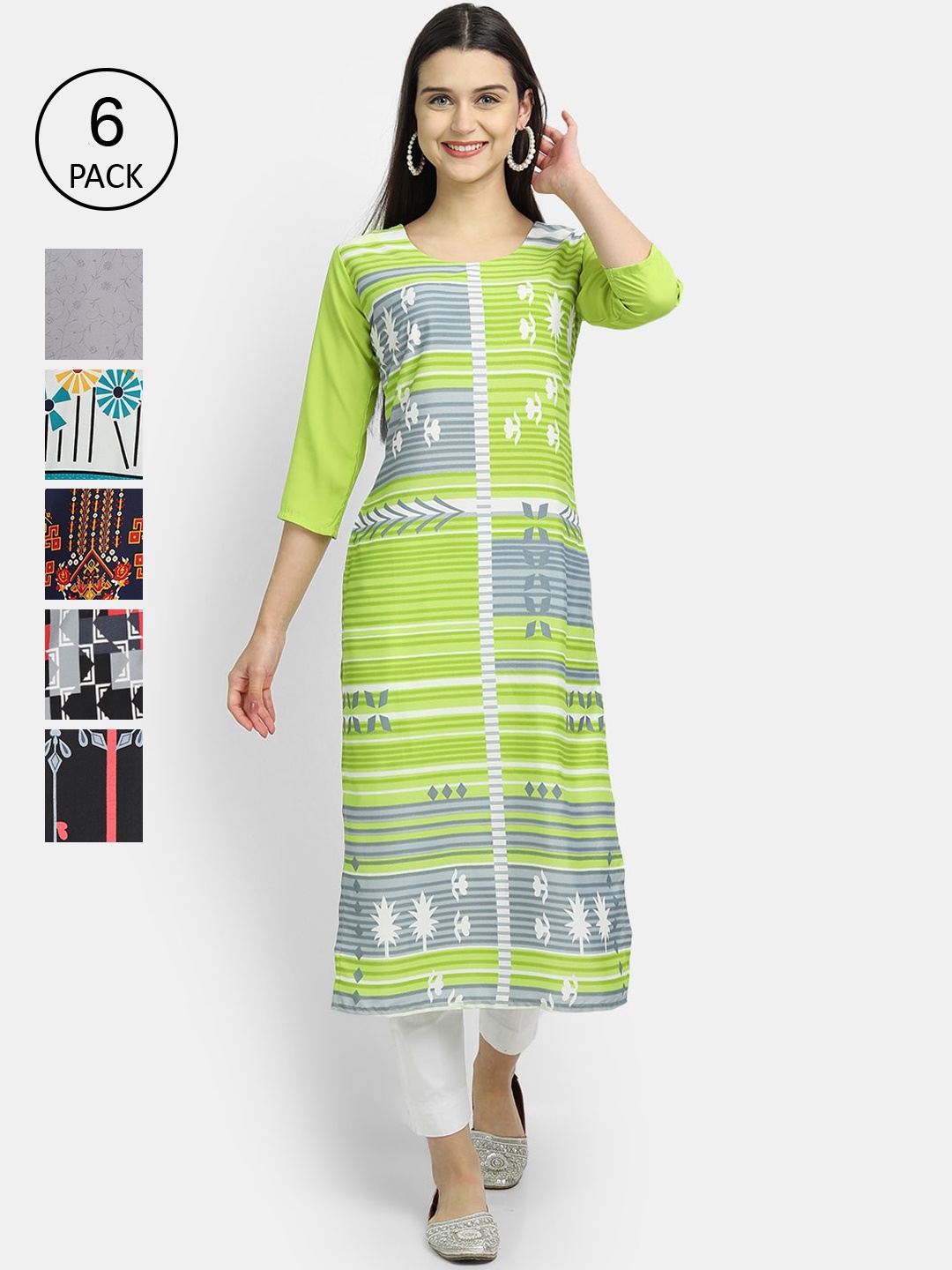 

1 Stop Fashion Women Pack Of 6 Digital Printed Straight Kurta, Green