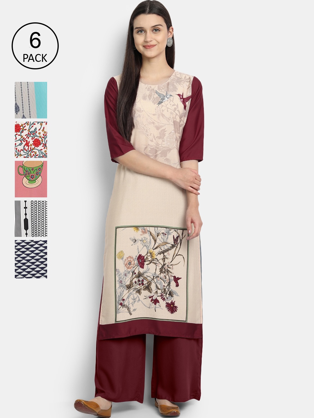 

1 Stop Fashion Women Pack Of 6 Digital Printed Straight Kurta, Maroon