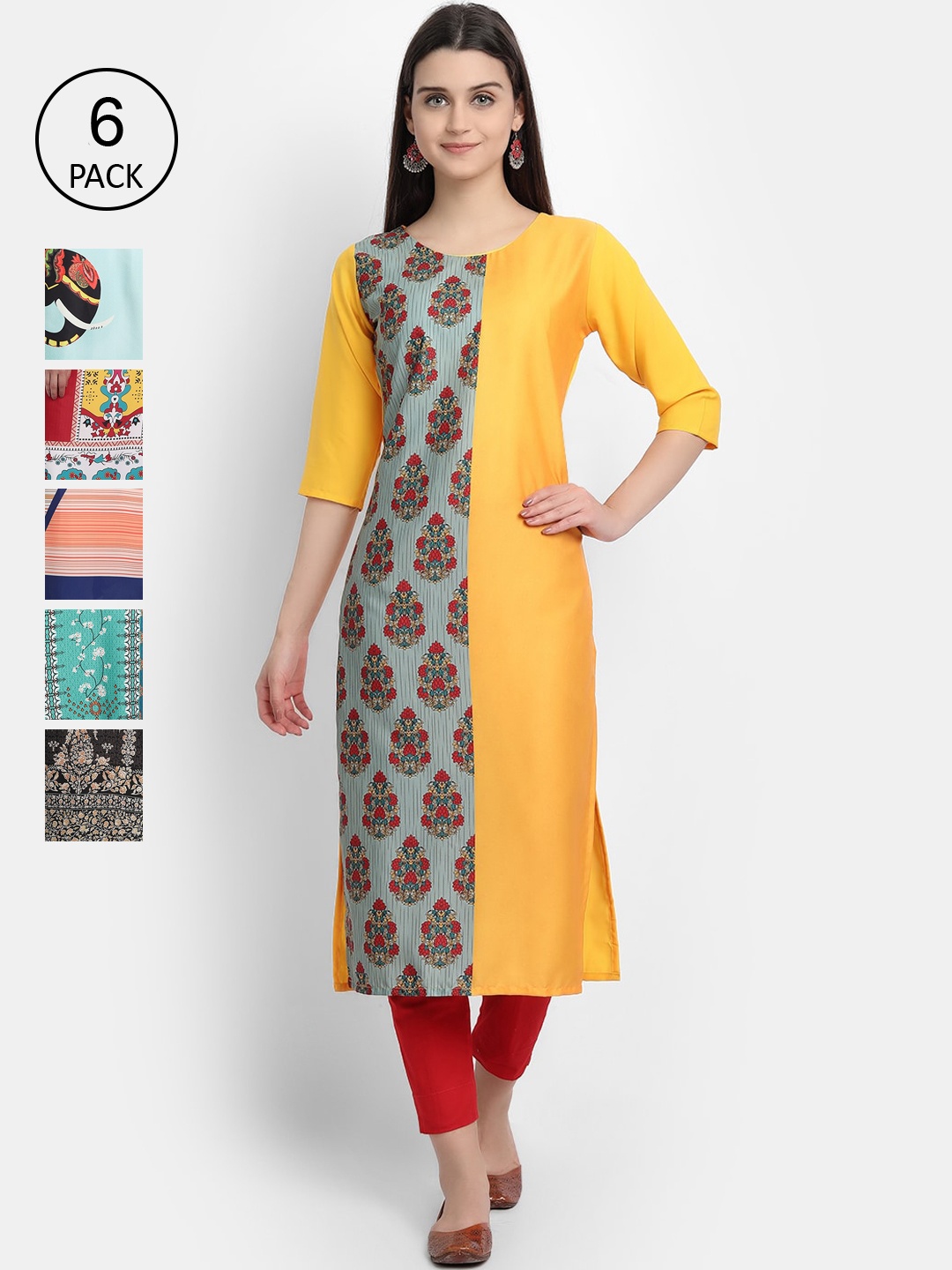 

1 Stop Fashion Women Pack Of 6 Digital Printed Straight Kurta, Yellow