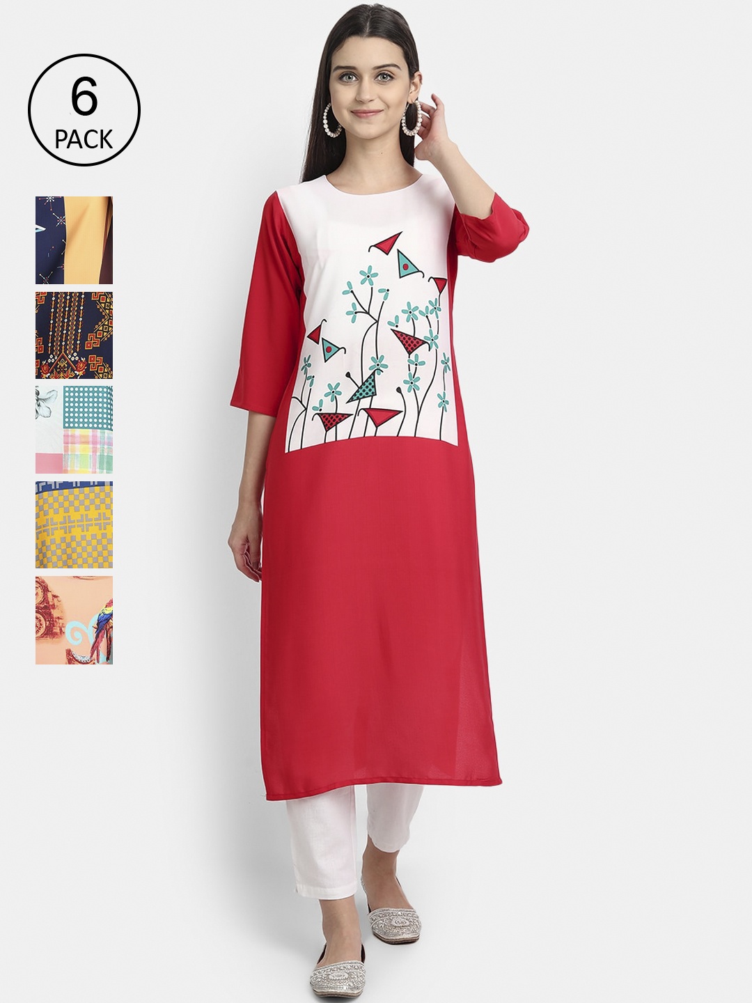 

1 Stop Fashion Women Pack Of 6 Printed Thread Work Crepe Kurta, Multi