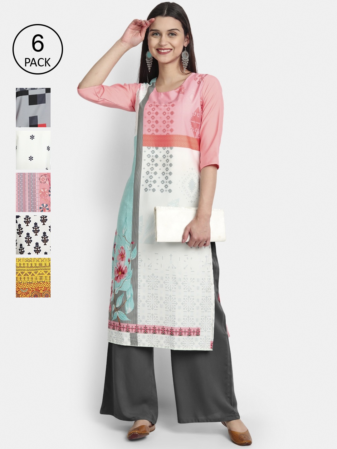 

1 Stop Fashion Women Multicoloured Geometric Printed Mirror Work Crepe Kurta, Multi