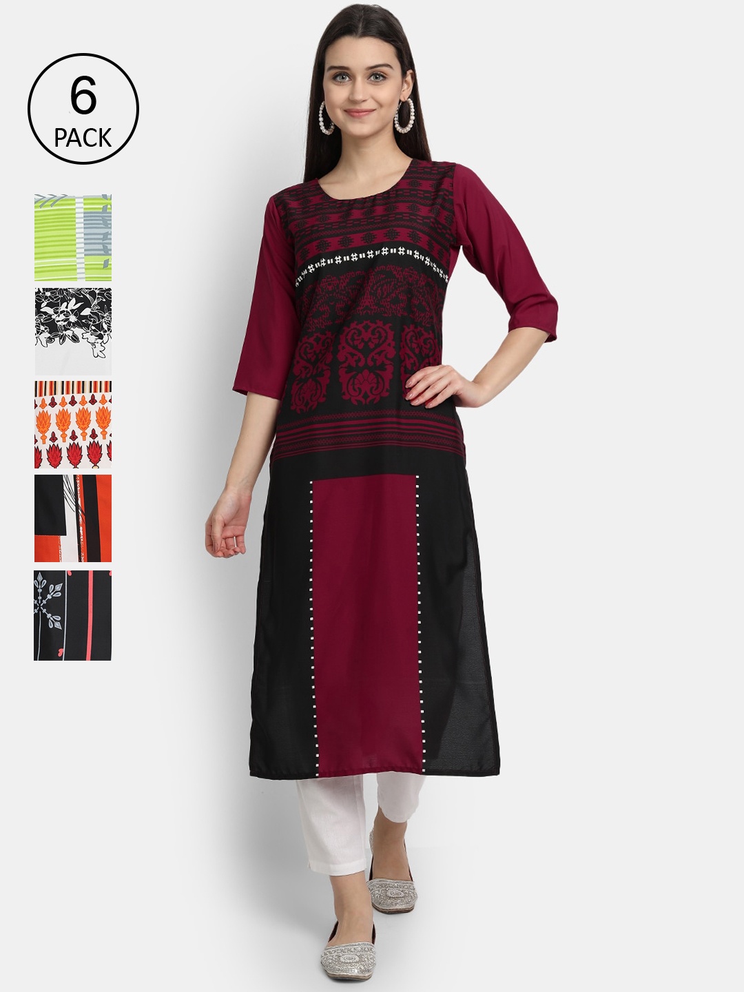 

1 Stop Fashion Women Pack Of 6 Digital Printed Straight Kurta, Maroon