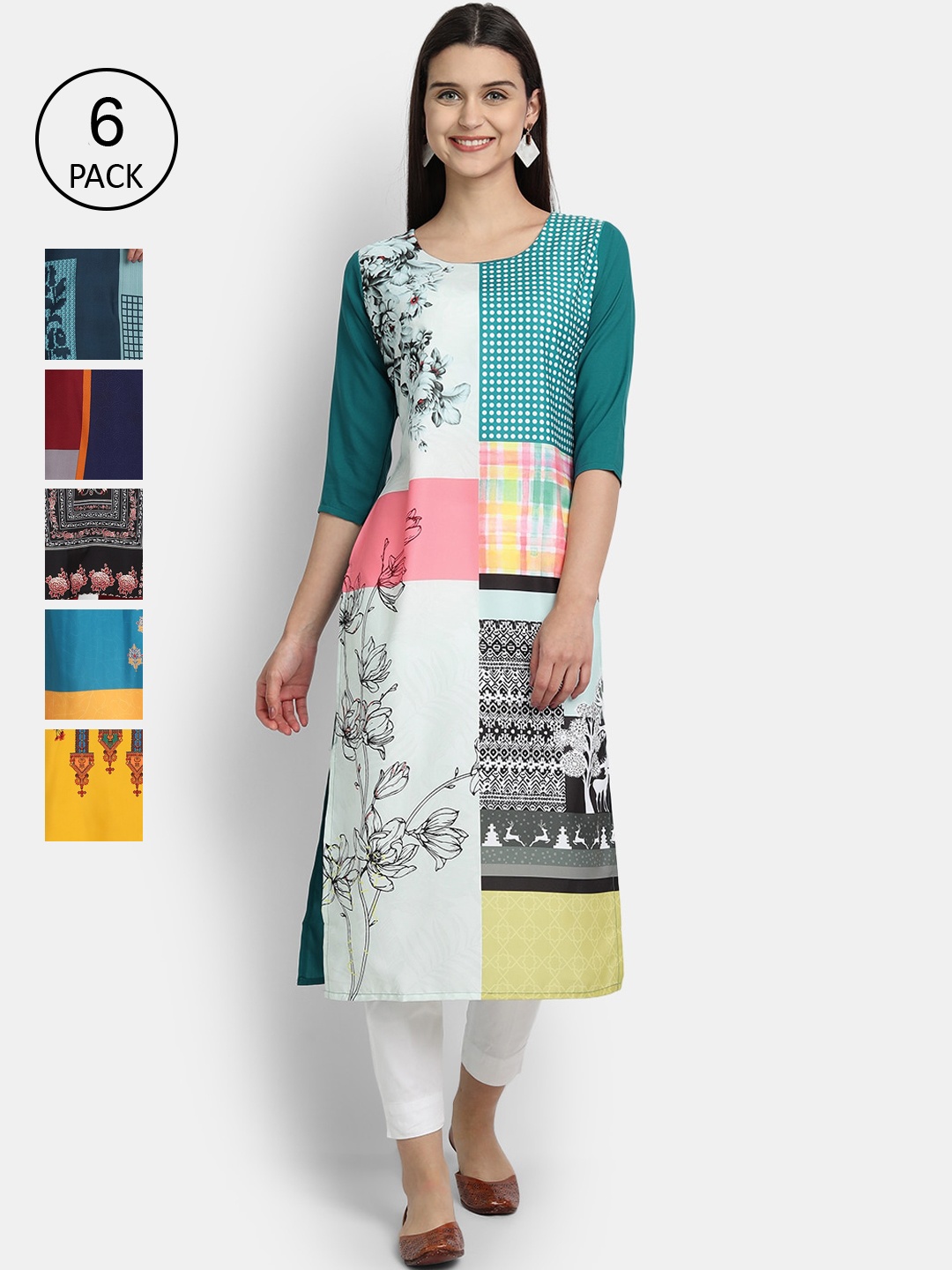 

1 Stop Fashion Women Pack Of 6 Digital Printed Straight Kurtas, Green